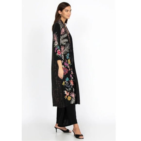 Johnny Was Tiarei Velvet Bishop Sleeve Kimono Coat Floral Embroidery Black New - Picture 4 of 15